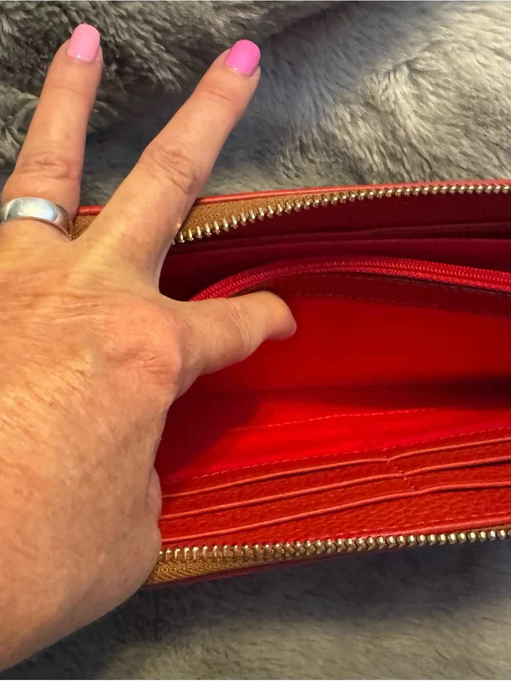 Dooney & Bourke Red Pebbled Leather Medium Zip Wristlet with Tan Strap